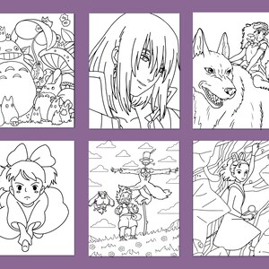 May include: A set of six coloring pages featuring black and white illustrations of characters from animated films. The pages include images of a large, round creature with smaller creatures, a person with long hair, and a person riding a wolf.