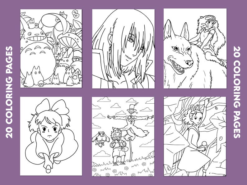 May include: A set of six coloring pages featuring black and white illustrations of characters from animated films. The pages include images of a large, round creature with smaller creatures, a person with long hair, and a person riding a wolf.