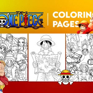 Puede incluir: Imagen con el logo "ONE PIECE" y las palabras "COLORING PAGES". La imagen muestra varias páginas para colorear en blanco y negro con personajes de la serie de anime. Una página muestra un personaje sosteniendo un mapa. También se muestra un personaje con una chaqueta roja.
