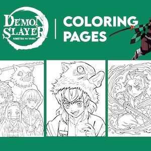 May include: Coloring pages featuring characters from the anime series Demon Slayer. The image includes the series logo, the words "Coloring Pages", and several black and white illustrations of characters in action poses. A character illustration is in color.