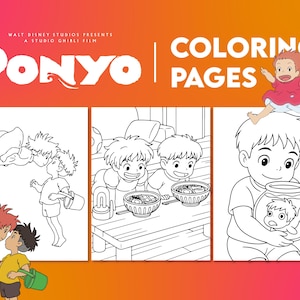 May include: Coloring pages with scenes from the animated film "Ponyo." The image shows the film's title and illustrations of characters, including Ponyo and Sosuke. The pages are in black and white, ready for colouring.