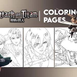 May include: Coloring pages featuring characters from "Attack on Titan." The image includes three panels with black and white line art of anime characters. The top left corner displays the show's logo. The words "COLORING PAGES" are also visible.