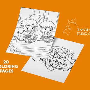 May include: Two black and white coloring pages featuring Studio Ghibli characters. One shows two boys eating, and the other features a cat bus. The text "20 Coloring Pages" is visible. The Studio Ghibli logo is also present.