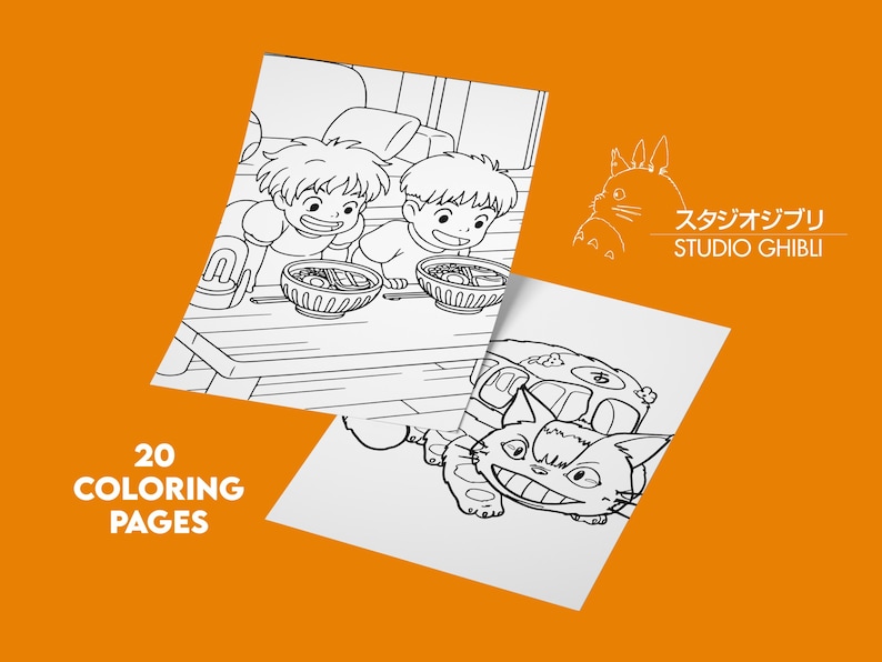 May include: Two black and white coloring pages featuring Studio Ghibli characters. One shows two boys eating, and the other features a cat bus. The text "20 Coloring Pages" is visible. The Studio Ghibli logo is also present.