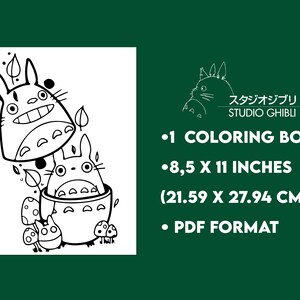 May include: Black and white coloring book featuring Studio Ghibli characters. The image includes the text "1 COLORING BOOK" and dimensions of 8.5 x 11 inches. The format is PDF.