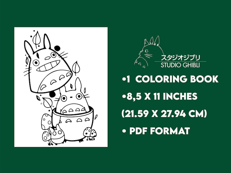 May include: Black and white coloring book featuring Studio Ghibli characters. The image includes the text "1 COLORING BOOK" and dimensions of 8.5 x 11 inches. The format is PDF.