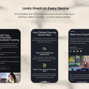 以下が含まれることがあります： フィットネスコーチング情報が表示されたモバイルデバイスの画面の画像。画面には、パーソナライズされたトレーニング、目標設定、コーチとの出会いに関するテキストが表示されます。テキストは暗い背景に白で表示されます。画像には「Looks Great on Every Device」というテキストも含まれています。