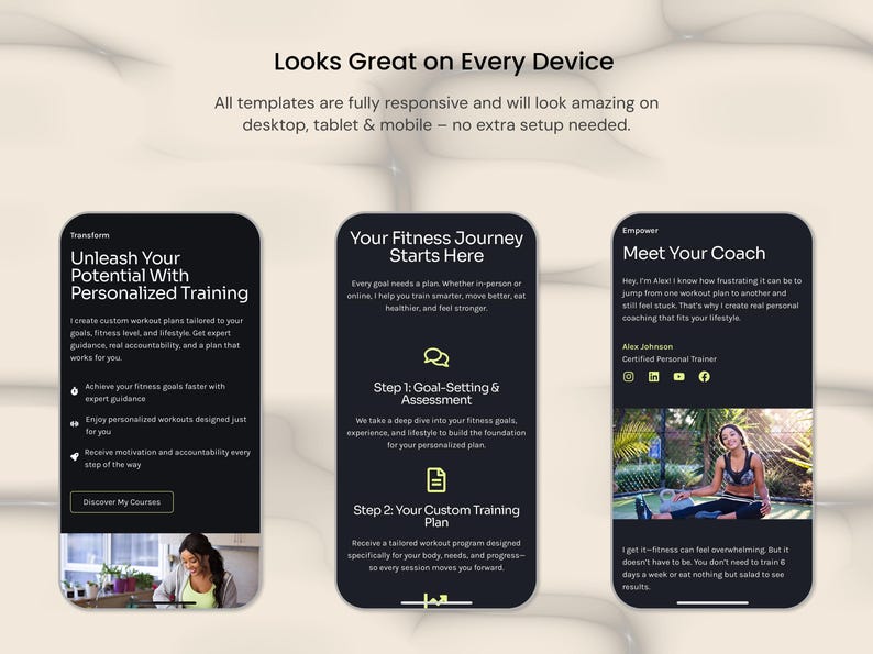 以下が含まれることがあります： フィットネスコーチング情報が表示されたモバイルデバイスの画面の画像。画面には、パーソナライズされたトレーニング、目標設定、コーチとの出会いに関するテキストが表示されます。テキストは暗い背景に白で表示されます。画像には「Looks Great on Every Device」というテキストも含まれています。