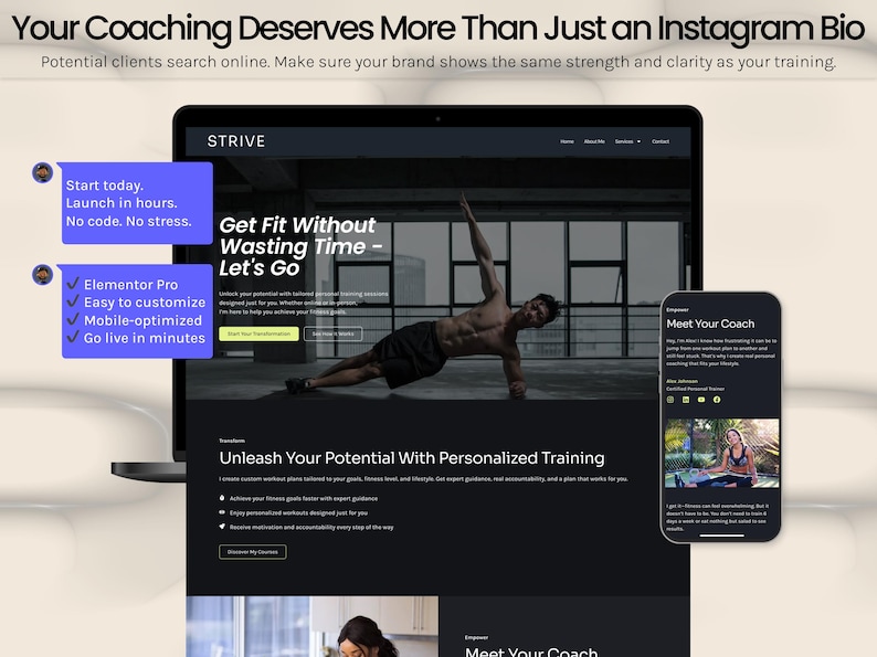 以下が含まれることがあります： フィットネスコーチングを宣伝するウェブサイトを表示するラップトップとスマートフォン。ラップトップの画面には、男性が運動している様子が映し出され、「Get Fit Without Wasting Time - Let's Go」というテキストが表示されています。電話にはコーチのプロフィールが表示されます。テキストには「Start today. Launch in hours. No code. No stress.」が含まれています。