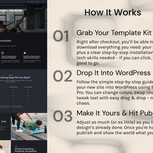 以下が含まれることがあります： 上部に「STRIVE」という単語が表示された、暗いテーマのウェブサイトデザイン。パーソナライズされたトレーニングプラン、オンラインコーチング、テンプレートキットの使用方法に関するセクションが含まれています。テキストは「How It Works」と表示されています。