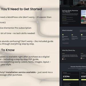 以下が含まれることがあります： 暗い背景と白いテキストのウェブサイトテンプレートのデザイン。「始めるために必要なもの」と「知っておくと良いこと」というテキストが含まれています。テンプレートは、ステップバイステップのPDFガイドとカスタマイズオプションを提供しています。