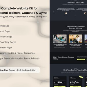 以下が含まれることがあります： パーソナルトレーナー、コーチ、ジム向けのウェブサイトキット。ホームページ、アバウトページ、サービスページ、コーチングページ、お問い合わせページ、カスタムヘッダーとフッターテンプレート、法的要件が含まれています。事前に設計されており、完全にカスタマイズ可能です。