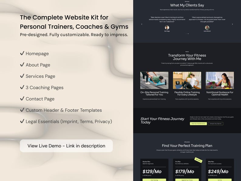 以下が含まれることがあります： パーソナルトレーナー、コーチ、ジム向けのウェブサイトキット。ホームページ、アバウトページ、サービスページ、コーチングページ、お問い合わせページ、カスタムヘッダーとフッターテンプレート、法的要件が含まれています。事前に設計されており、完全にカスタマイズ可能です。