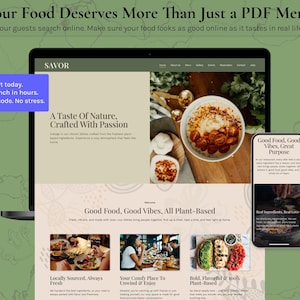 Puede incluir: Un portátil y un smartphone muestran un sitio web de comida a base de plantas. El sitio web presenta imágenes de platos y el texto "A Taste of Nature, Crafted With Passion". El lema es "Good Food, Good Vibes, Great Purpose."