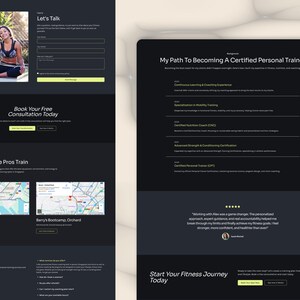 以下が含まれることがあります： フィットネス関連コンテンツを含む、暗いウェブサイトレイアウト。左側には女性、連絡フォーム、地図の場所が表示されます。右側には、パーソナル・トレーナーの資格と顧客の推薦文が詳しく記載されています。サイトは、ユーザーにフィットネスの旅を始めることを促しています。