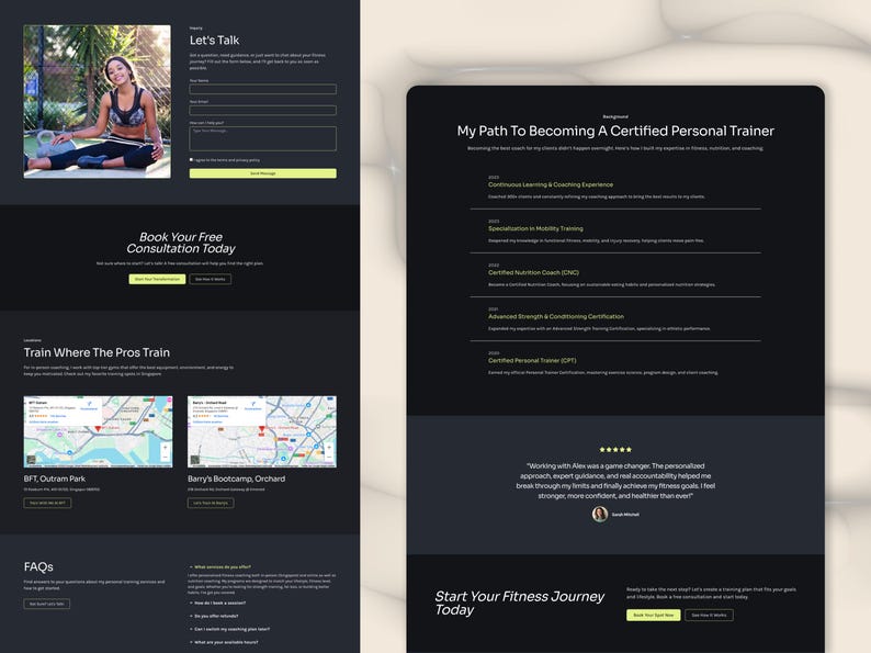 以下が含まれることがあります： フィットネス関連コンテンツを含む、暗いウェブサイトレイアウト。左側には女性、連絡フォーム、地図の場所が表示されます。右側には、パーソナル・トレーナーの資格と顧客の推薦文が詳しく記載されています。サイトは、ユーザーにフィットネスの旅を始めることを促しています。