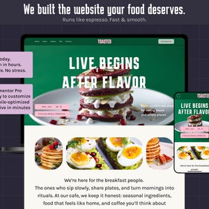 May include: A website design for a cafe, displayed on a laptop and smartphone. The website features a stack of red pancakes with white cream and fruit. The text "LIVE BEGINS AFTER FLAVOR" is prominent. Additional images of breakfast items are shown.