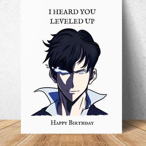 Cartão de Feliz Aniversário Inspirado em Anime, Cartão de Felicitações para Subir de Nível, Em Branco por Dentro, Nivelamento Solo, Cartão Jinwoo Sung, Download Digital