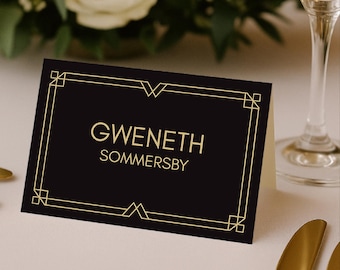 Art Deco Wedding Place Card Template: Black and Gold Gatsby Style (Canva Template)