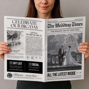 May include: A person holding a black and white wedding newspaper. The headline says "Celebrate Our Big Day." The newspaper includes a photo of a couple, wedding rings, and the text "Ella & David are getting married."