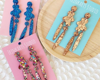 Long Chandelier Glitter Resin Dangle Earrings - Boho Earrings - Statement Earrings - Handmade Earrings - Resin Earrings