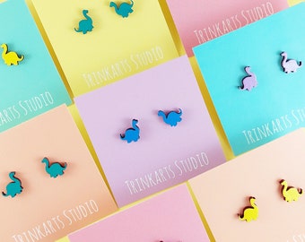 Mini Brontosaurus Dinosaur Stud Earrings - Animal Earrings - Painted Wood Earrings - Lasercut Wood Earrings - Handmade Earrings