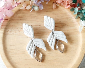 Alabaster White Crystal Dangle Earrings - Bridal Wedding Earrings - Polymer Clay Earrings - Handmade Earrings - Lightweight Earrings
