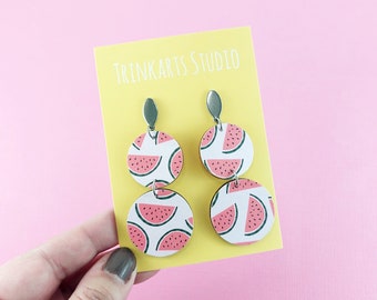Watermelon Slice Fruit Earrings - Double Circle Earrings - Paper Covered Wood Dangle Earrings - Lasercut Wood Earrings - Handmade Earrings
