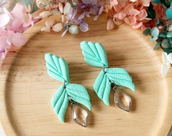 Seafoam Mint Green Crystal Dangle Earrings - Bridal Wedding Earrings - Polymer Clay Earrings - Handmade Earrings - Lightweight Earrings