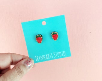 Strawberry Stud Earrings - Hand Painted Laser Cut Wood Earrings - Fruit Earrings - Handmade Earrings - Handpainted Earrings