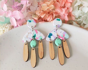 Colorful Dangle Statement Earrings - Polymer Clay + Wood Statement Earrings - Handmade Earrings - Lightweight Earrings - Boho Earrings