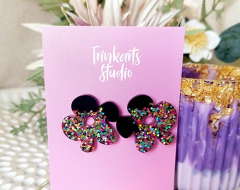 Large Black Flower Stud Earring - Galaxy Micro Star Resin - Hand Poured Resin Earrings - Handmade Earrings - Lightweight Earrings