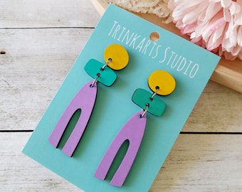 Color Block Dangle Statement Earrings - Wood Earring - Wood Statement Earrings - Painted Wood Earrings - Geometric Lasercut Earrings