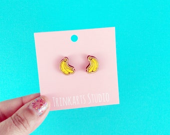 Banana Bunch Earrings - Fruit Stud Earrings - Laser Cut Wood Stud Earrings - Handmade Earrings - Handpainted Earrings