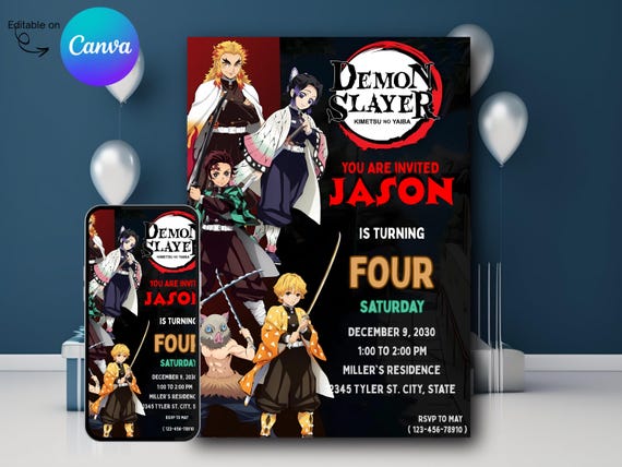 Demon Slayer Inspired Birthday Invitation | Editable Canva Template | Anime Party Digital Download | Kids 4th Birthday Printable Invite Card