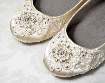 Wedding Shoes Ballet Flats Vintage Lace Swarovski Crystals | Etsy