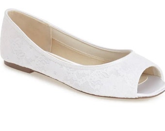 Wedding Lace Bridal Shoes/ FREE Color Dye Service/Flat Peep Toe, Comfortable Bridal Shoes, Bridal Wedding Shoes/ Pink2Blue Five Star Shoes