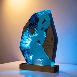 Manta Ray Resin Ocean Lamp – LED Light with Wood & Epoxy River, Divers Underwater Scene, Handmade Coastal Decor Gift for Nature Lovers