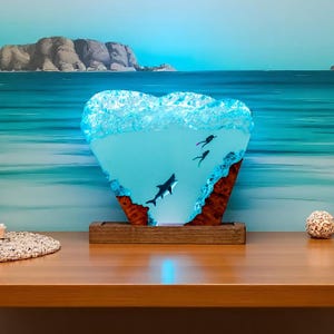 Shark Ocean Resin Lamp with Coral Scene | Handmade Marine Night Light for Shark Lovers and Coastal Bedroom or Desk Decoration