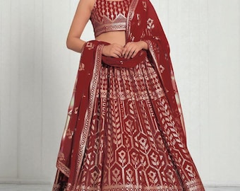 Lehenga Choli de georgette granate con bordado de lentejuelas: atuendo de boda indio