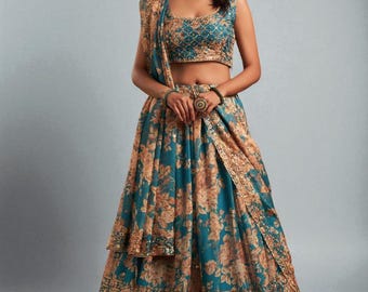 Teal Blue Floral Lehenga Choli: Zari & Sequins Embroidered Indian Outfit