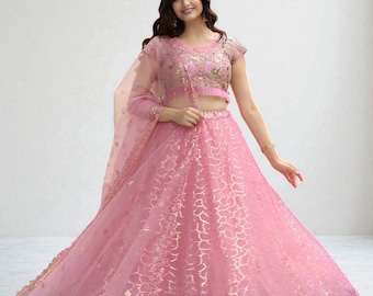 Pink Embroidered Lehenga Choli Set: Sequin Zari Net Indian Outfit