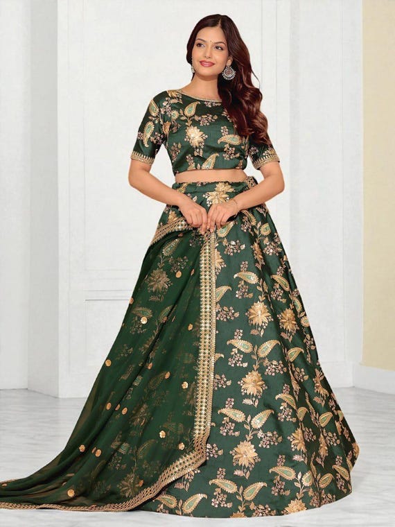 Dark Green Art Silk Lehenga Choli: Zari Embroidered Indian Wedding Dress