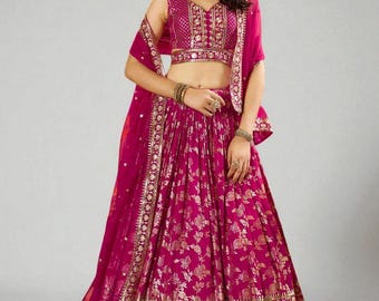Rani Pink Lehenga Choli: Dola Silk Jacquard, Sequins & Zari Embroidery