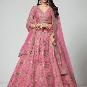 Pink Lehenga Choli: Slub Silk Indian Wedding Outfit with Zari Embroidery