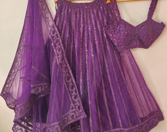 Purple Embroidered Net Lehenga Choli Set: Indian Wedding Bridal Outfit