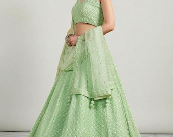 Pistachio Green Lehenga Choli: Georgette Embroidery Indian Wedding Wear