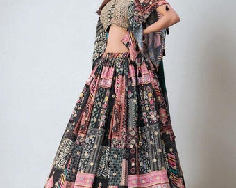 Black Floral Print Silk Lehenga Choli: Embroidered Indian Wedding Outfit