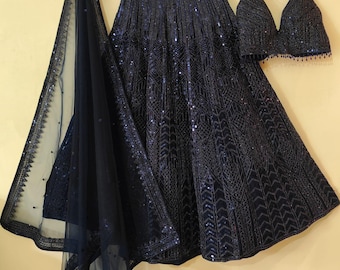 Midnight Blue Lehenga Choli: Bollywood Sequins & Dori Work