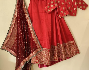 Red Lehenga Choli: Zari & Sequin Satin Georget Indian Outfit